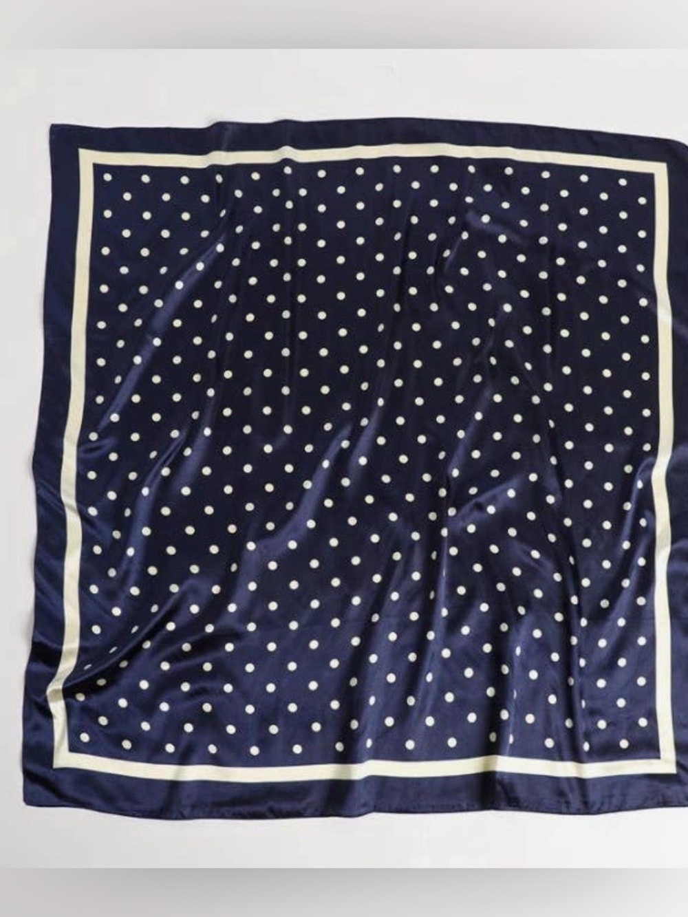 🔵 Navy Polka Dot Square Scarf | Silky Feel Bandana | Classic White Dot Print